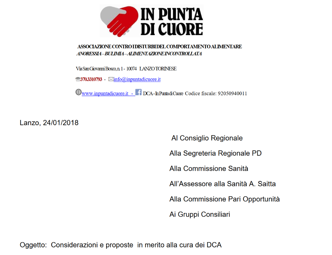 Il punto di vista delle famiglie: considerazioni e proposte dell’associazione In Punta di Cuore relative alla cura dei DCA nella Regione Piemonte